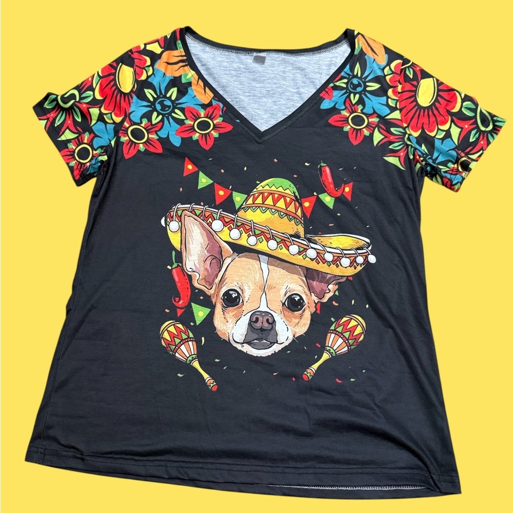 Fun Chihuahua Floral Mexico Cinco de Mayo Graphic Short Sleeved Top - Picture 1 of 9